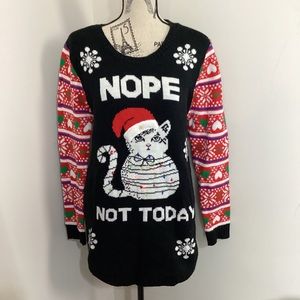 Women’s Black Holiday Cat Blinking Lights Long Sleeves Hearts Knit Sweater